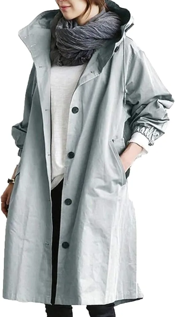 2024 New Hooded Trench Coat - Women's Single Breasted Long Trench Coat, Windproof Classic Overcoat Outwear