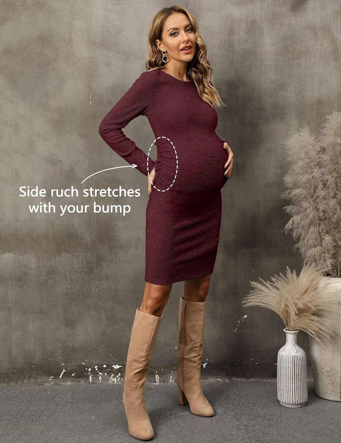 abkylie Side Ruch Knit Ribbed Maternity Bodycon Dress/Knee-Length Dress with Long Sleeve Fall Casual
