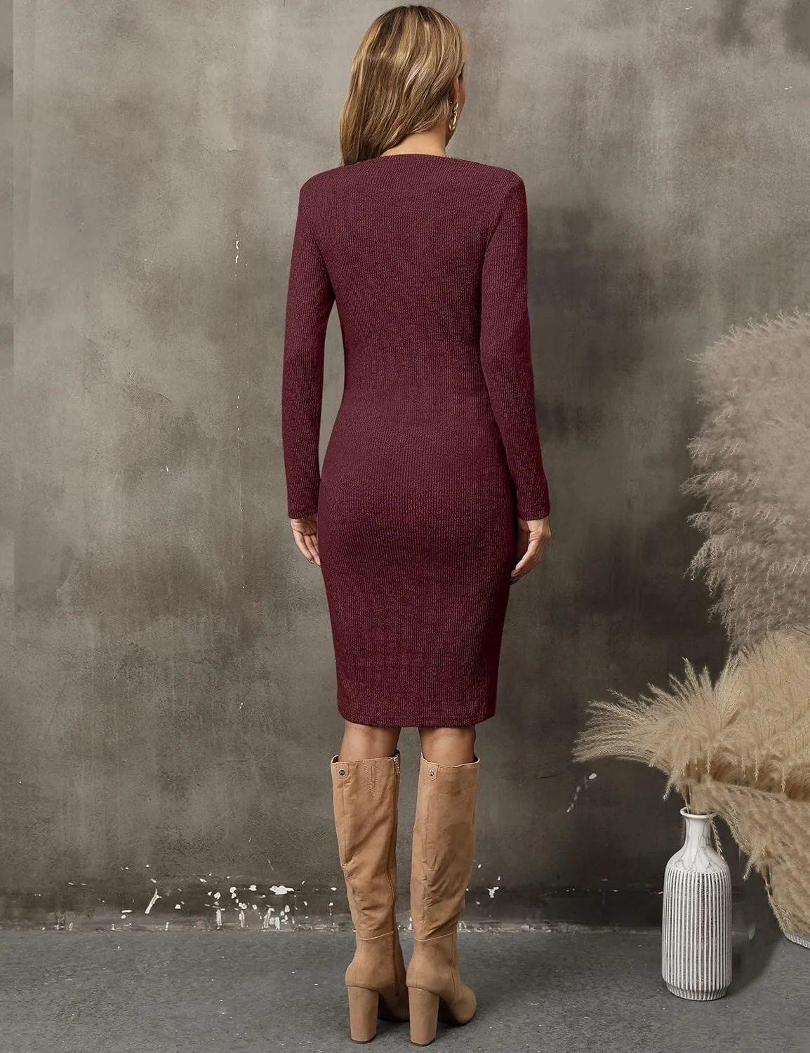 abkylie Side Ruch Knit Ribbed Maternity Bodycon Dress/Knee-Length Dress with Long Sleeve Fall Casual
