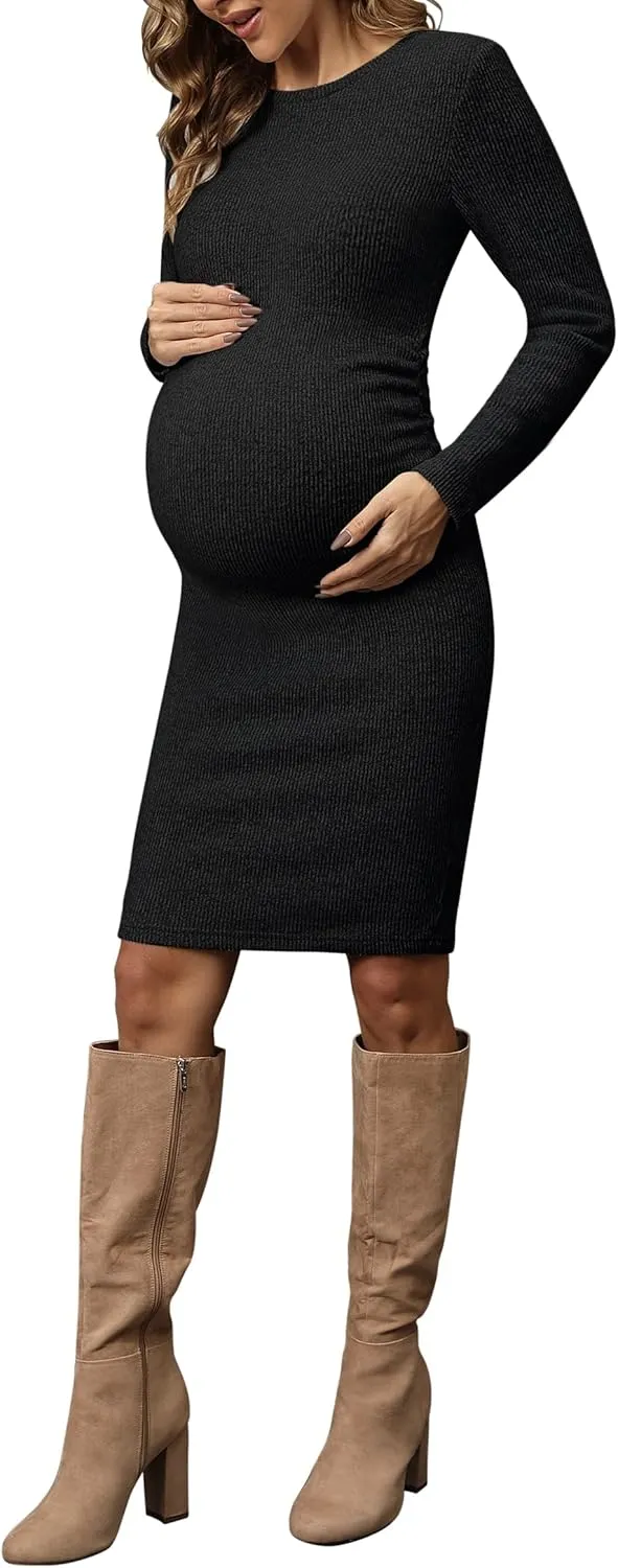 abkylie Side Ruch Knit Ribbed Maternity Bodycon Dress/Knee-Length Dress with Long Sleeve Fall Casual