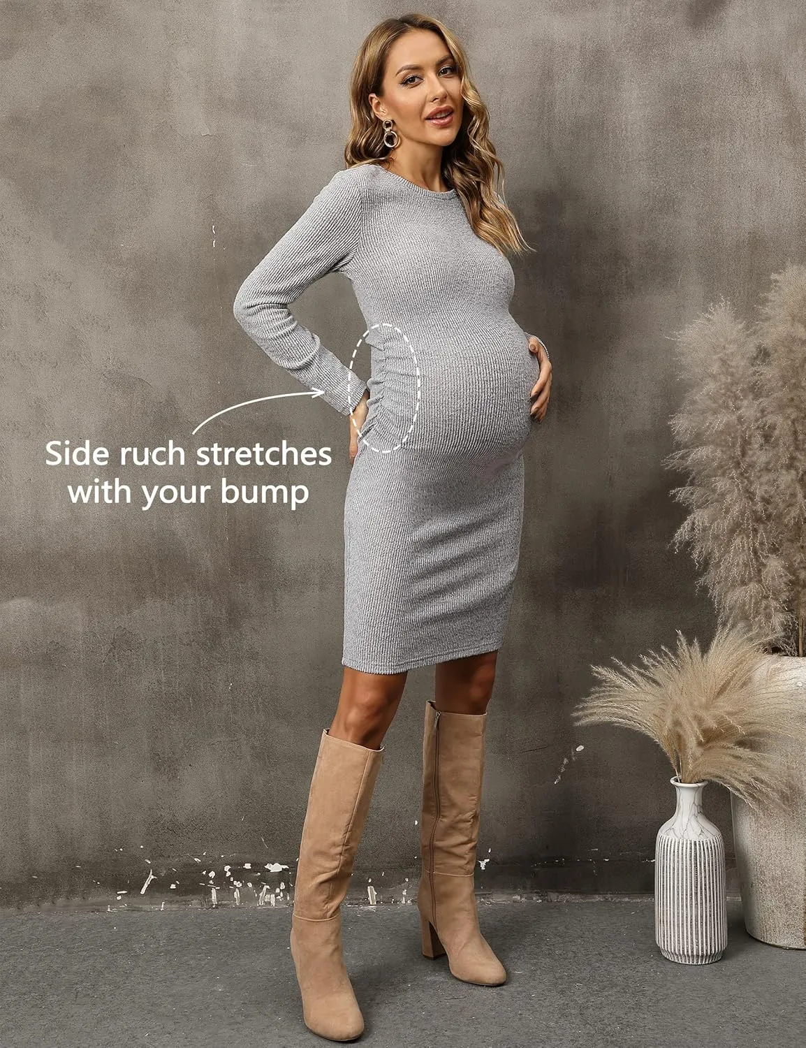 abkylie Side Ruch Knit Ribbed Maternity Bodycon Dress/Knee-Length Dress with Long Sleeve Fall Casual