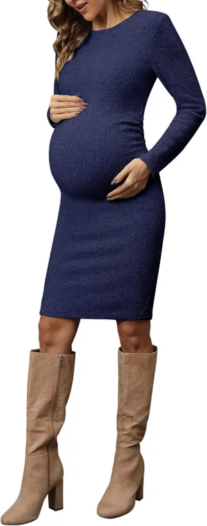 abkylie Side Ruch Knit Ribbed Maternity Bodycon Dress/Knee-Length Dress with Long Sleeve Fall Casual
