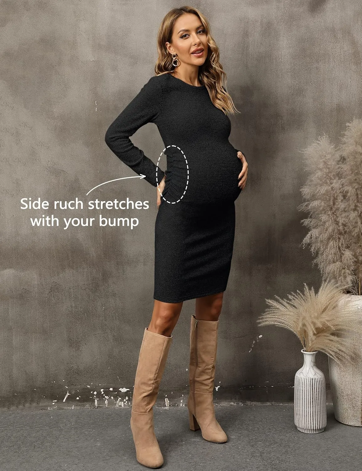 abkylie Side Ruch Knit Ribbed Maternity Bodycon Dress/Knee-Length Dress with Long Sleeve Fall Casual
