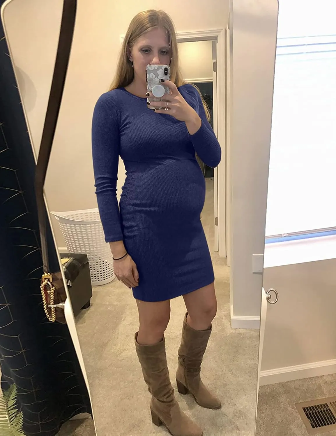 abkylie Side Ruch Knit Ribbed Maternity Bodycon Dress/Knee-Length Dress with Long Sleeve Fall Casual