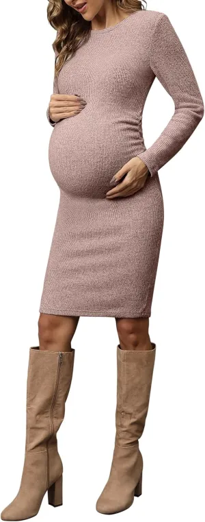abkylie Side Ruch Knit Ribbed Maternity Bodycon Dress/Knee-Length Dress with Long Sleeve Fall Casual