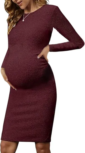 abkylie Side Ruch Knit Ribbed Maternity Bodycon Dress/Knee-Length Dress with Long Sleeve Fall Casual