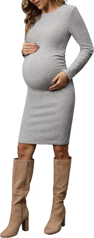 abkylie Side Ruch Knit Ribbed Maternity Bodycon Dress/Knee-Length Dress with Long Sleeve Fall Casual