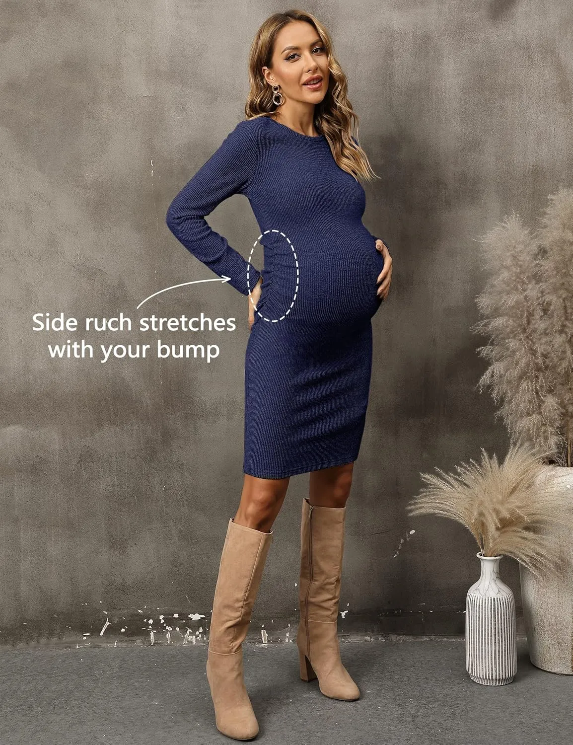abkylie Side Ruch Knit Ribbed Maternity Bodycon Dress/Knee-Length Dress with Long Sleeve Fall Casual