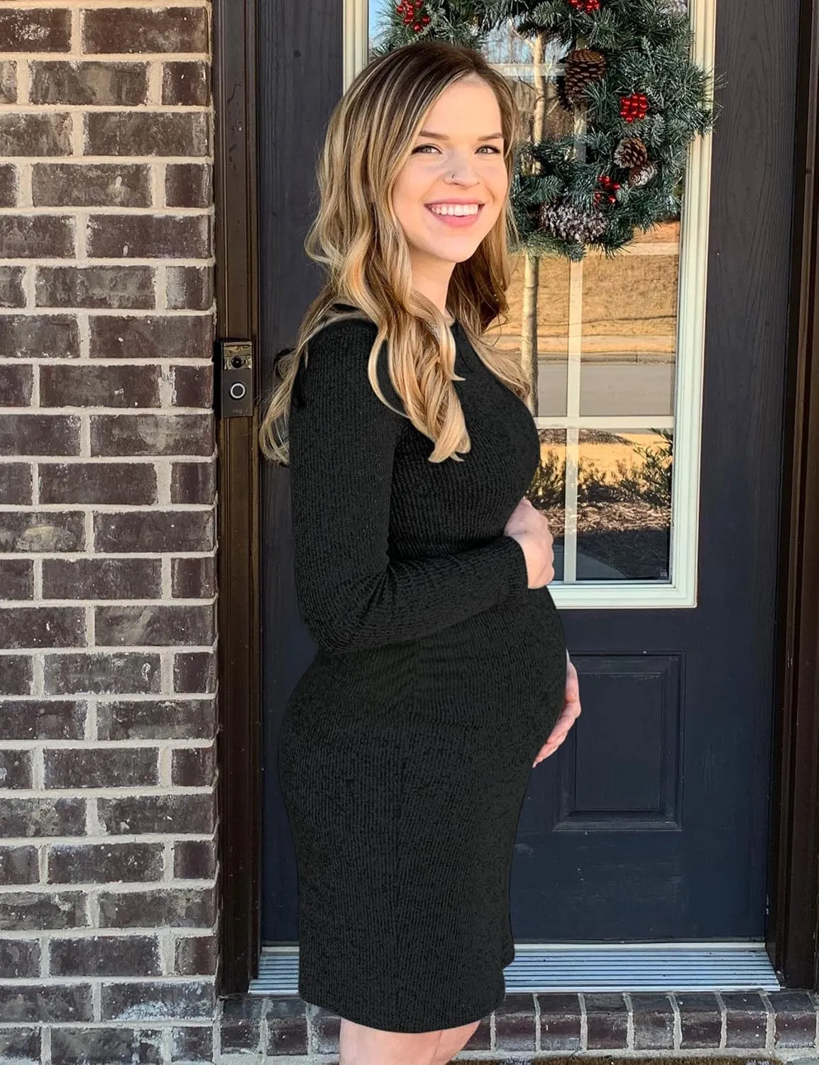 abkylie Side Ruch Knit Ribbed Maternity Bodycon Dress/Knee-Length Dress with Long Sleeve Fall Casual