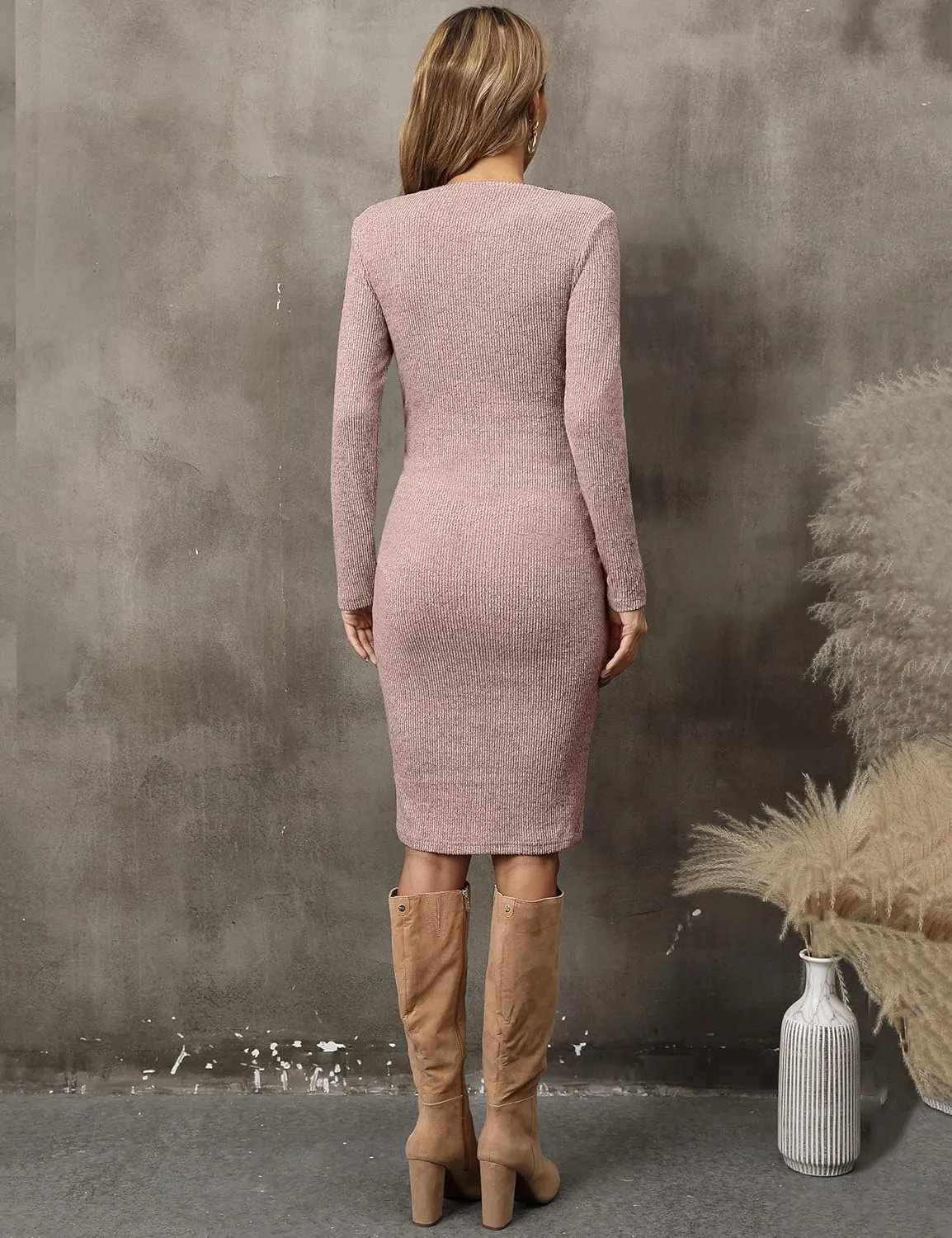 abkylie Side Ruch Knit Ribbed Maternity Bodycon Dress/Knee-Length Dress with Long Sleeve Fall Casual