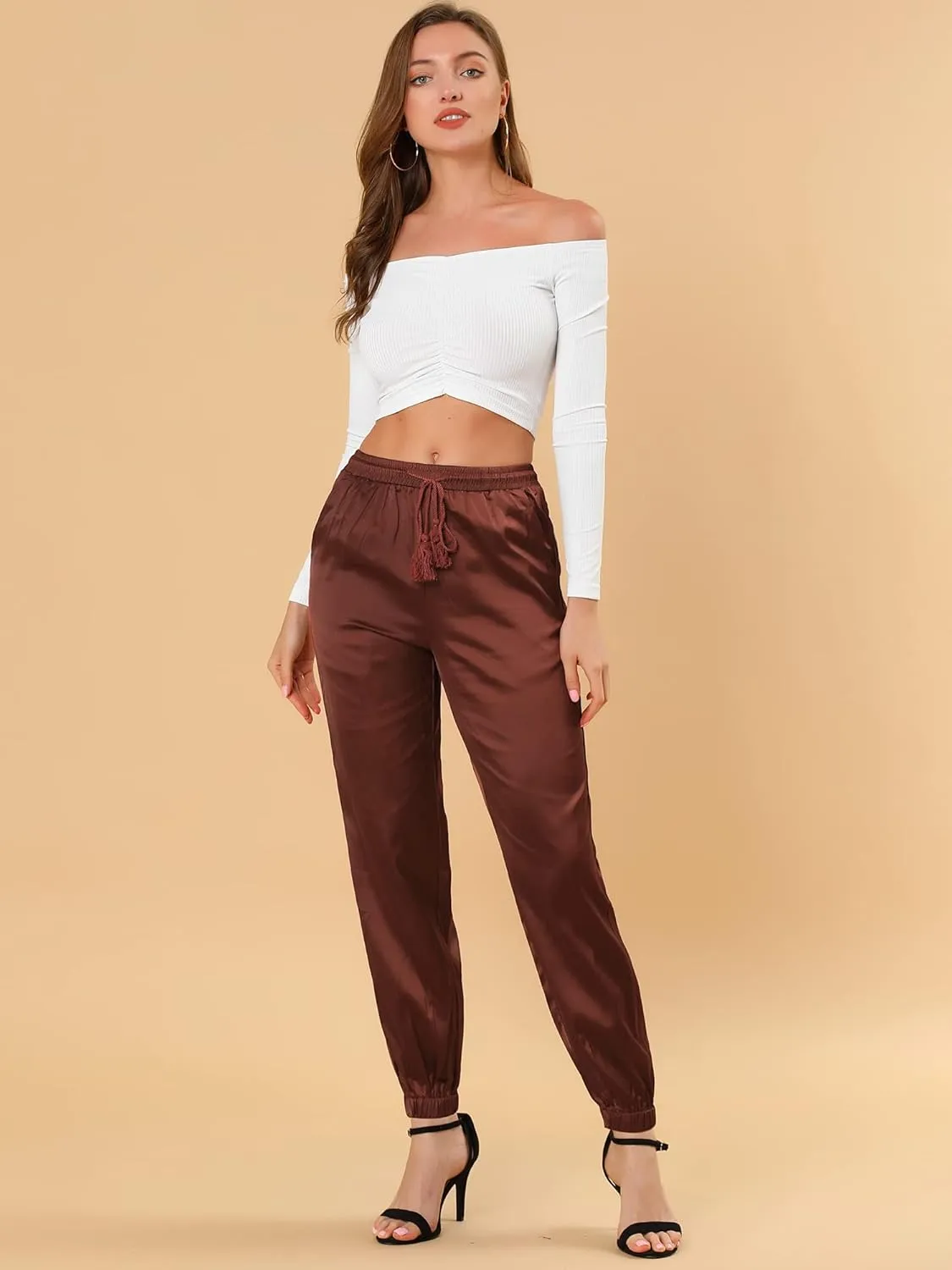 Allegra K Women's Drawstring Elastic Waist Athleisure Pants Casual Ankle Length Satin Joggers with Pocket