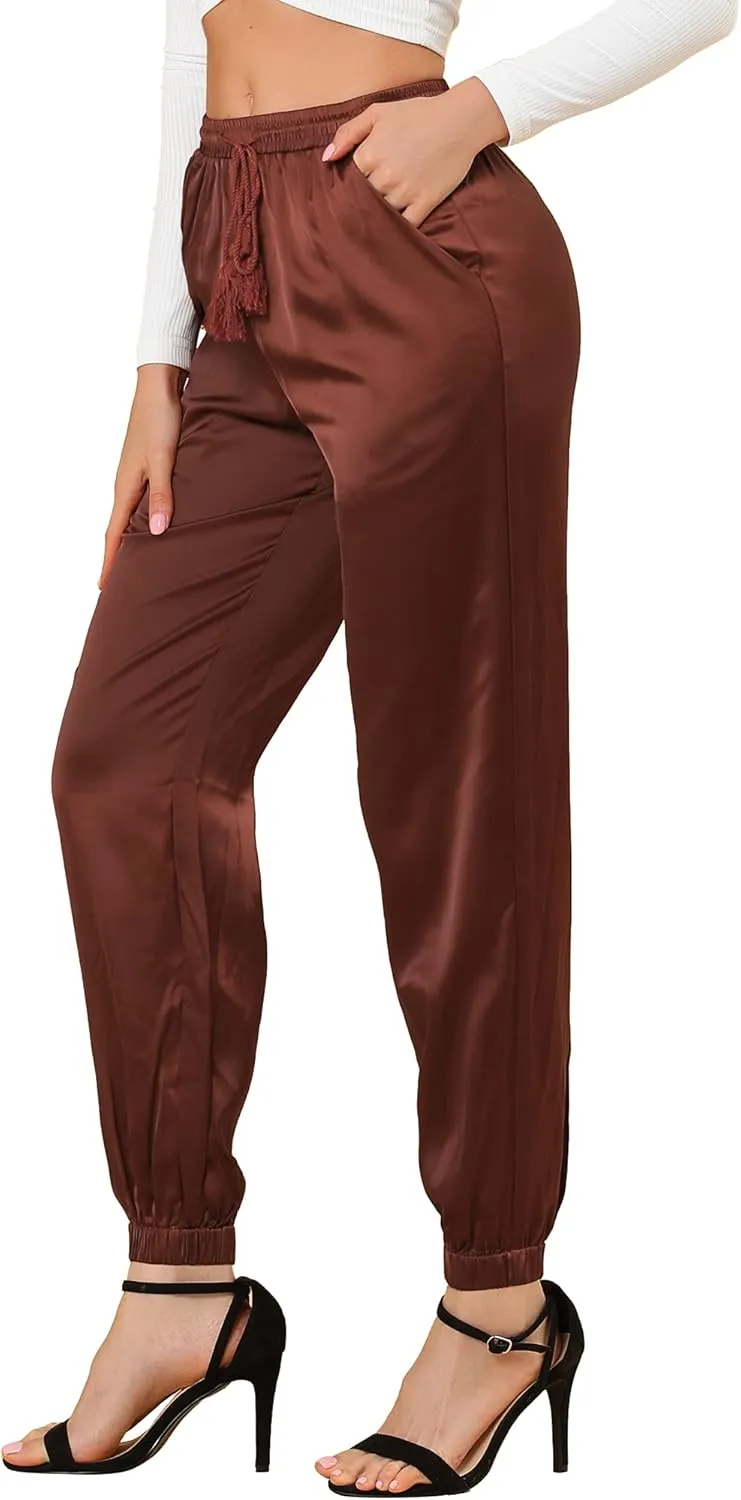 Allegra K Women's Drawstring Elastic Waist Athleisure Pants Casual Ankle Length Satin Joggers with Pocket