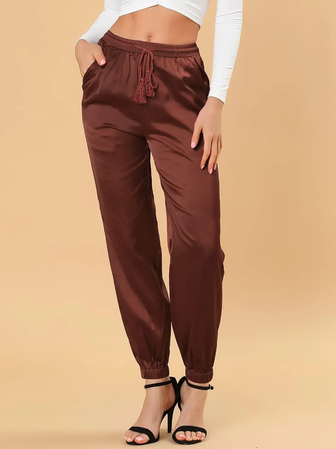 Allegra K Women's Drawstring Elastic Waist Athleisure Pants Casual Ankle Length Satin Joggers with Pocket