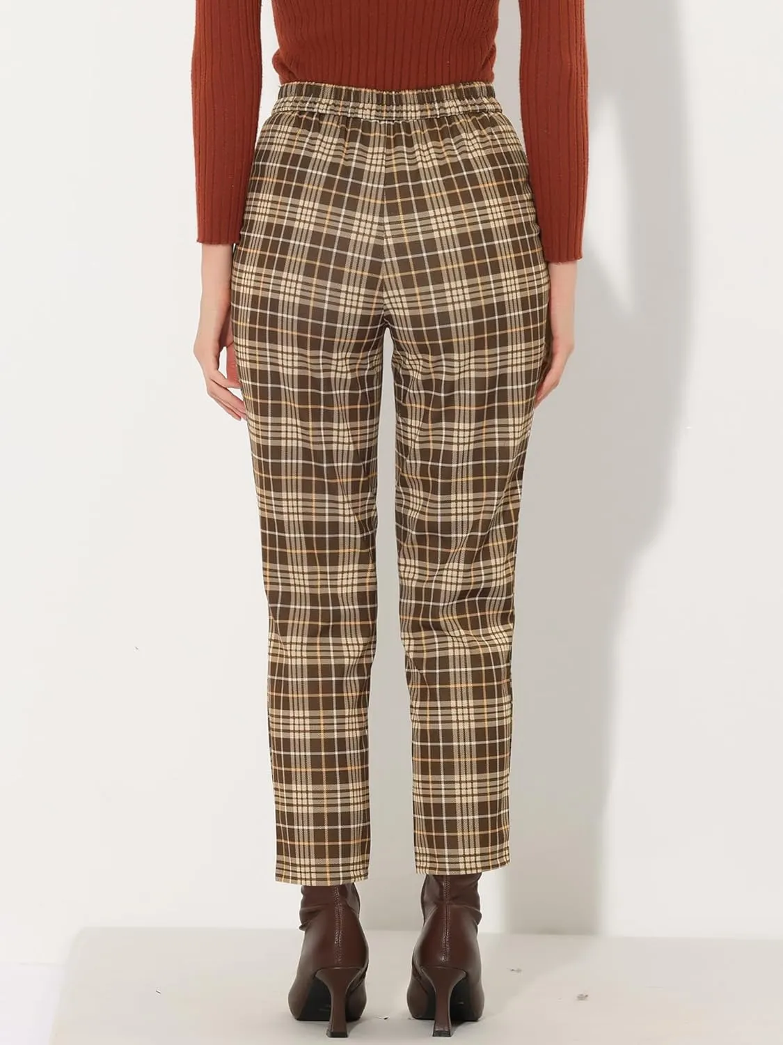 Allegra K Women's Vintage Tartan Plaid Pants Elastic Waist Straight Long Trousers