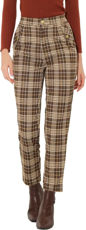 Allegra K Women's Vintage Tartan Plaid Pants Elastic Waist Straight Long Trousers