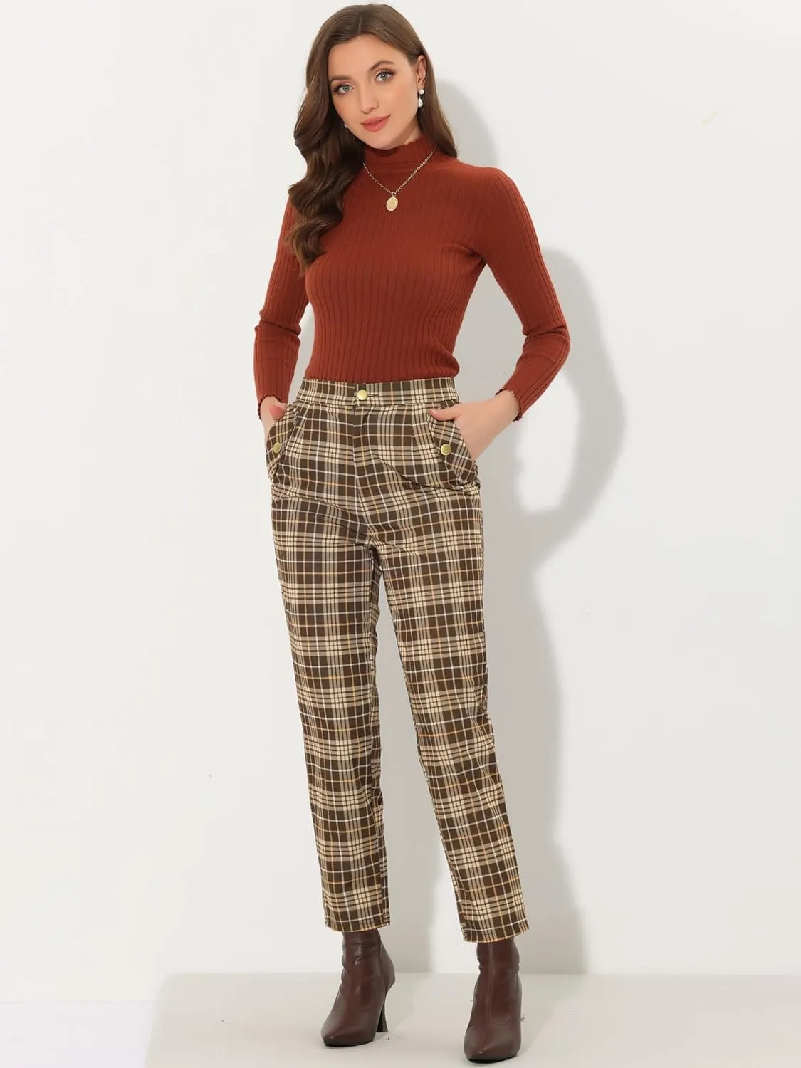Allegra K Women's Vintage Tartan Plaid Pants Elastic Waist Straight Long Trousers