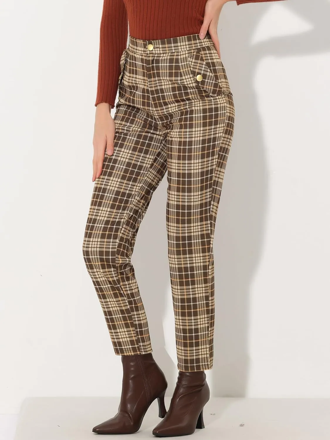 Allegra K Women's Vintage Tartan Plaid Pants Elastic Waist Straight Long Trousers