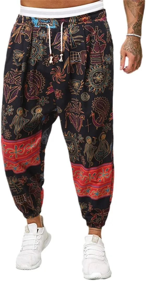 Alloaone Men Print Harem Pants Cool Street Elastic Waist Pants Jogger Sweatpants Style Loose Trousers