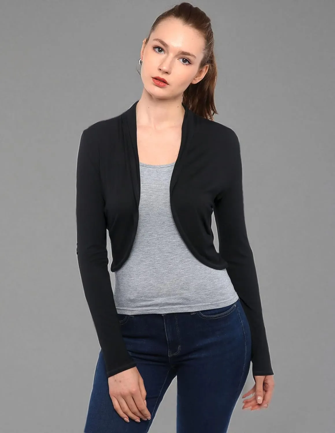AmlieBoutik Women Shrugs Long Sleeve Bolero Open Front Cropped Pleated Sides Cardigan