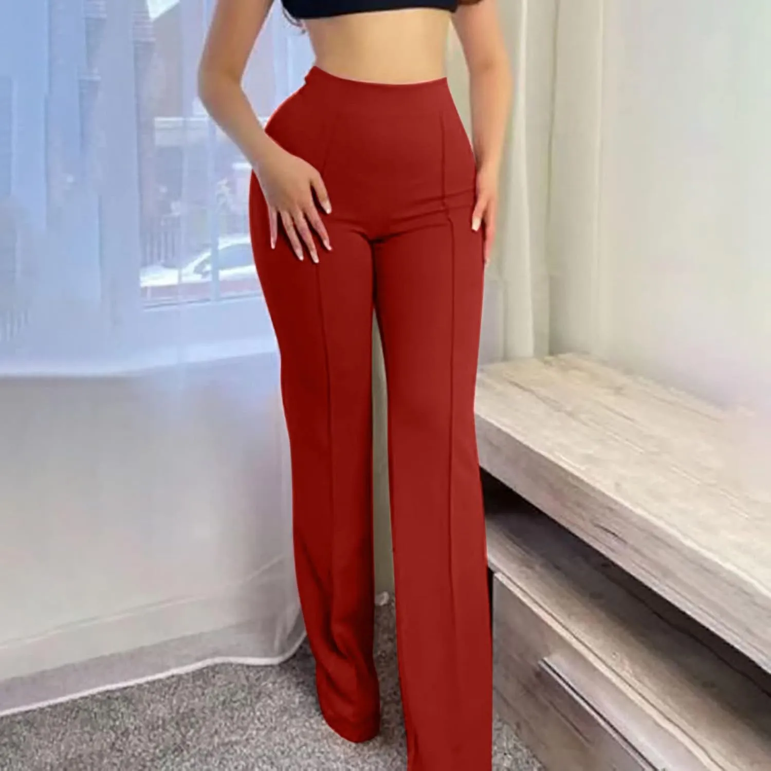Anjikang Stretchy Flare Pants for Women High Elastic Waist Wide Leg Long Trousers Loose Trendy Casual Pants with Pockets