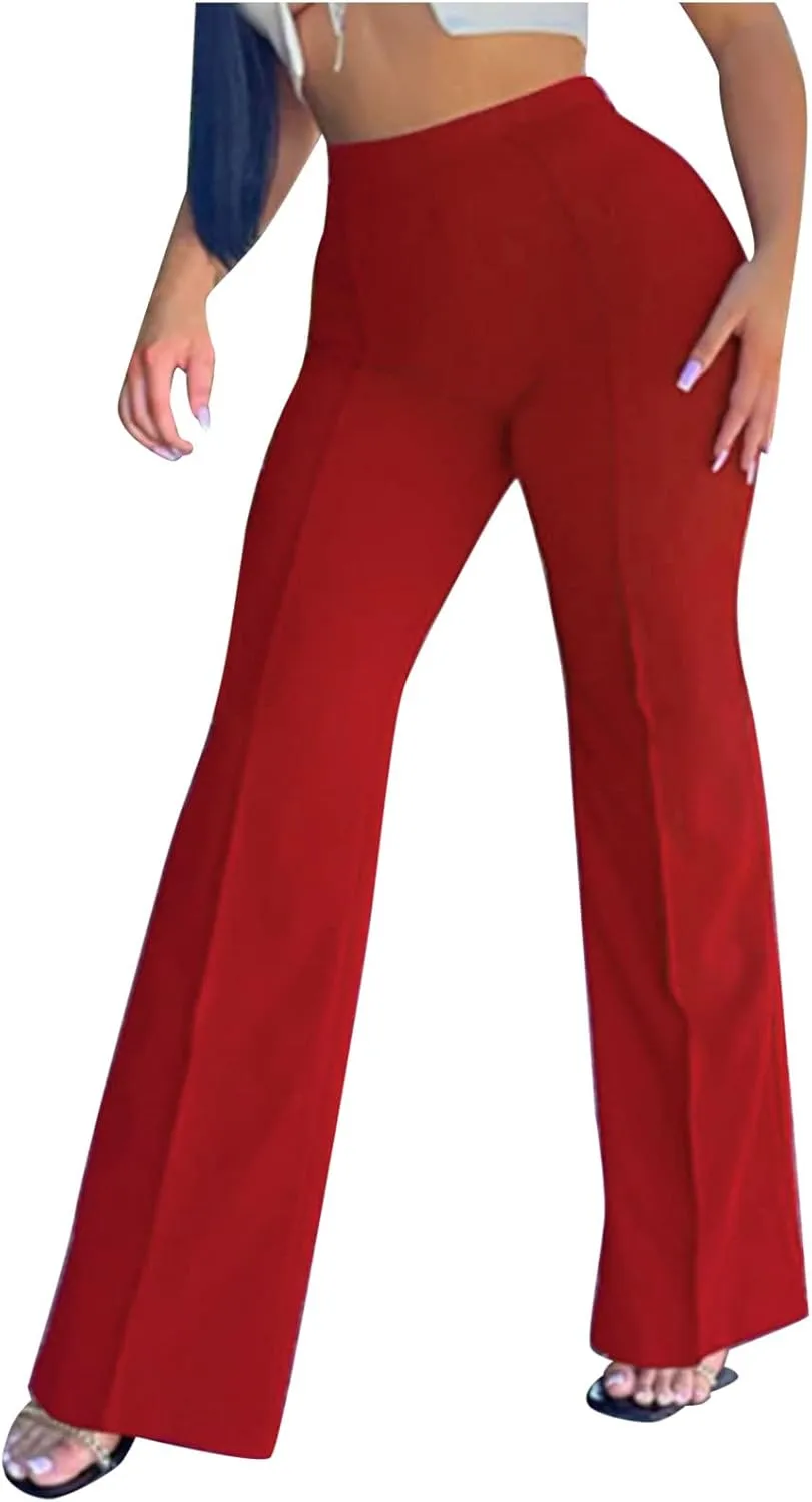 Anjikang Stretchy Flare Pants for Women High Elastic Waist Wide Leg Long Trousers Loose Trendy Casual Pants with Pockets