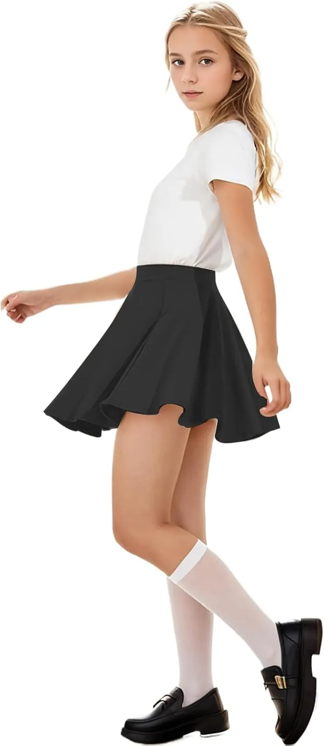 ASHER FASHION Girls Skirt Casual Mini Flare Plain Pleated Stretch Waist Skater Skirts