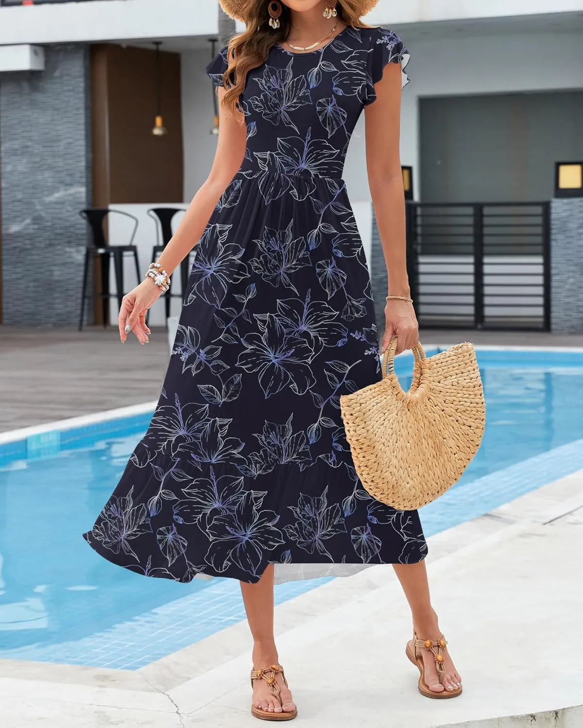 AUSELILY Womens Summer Maxi Dresses 2025 Casual Ruffle Sleeve Crewneck Loose Flowy Tiered Beach Sundress with Pockets