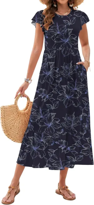 AUSELILY Womens Summer Maxi Dresses 2025 Casual Ruffle Sleeve Crewneck Loose Flowy Tiered Beach Sundress with Pockets