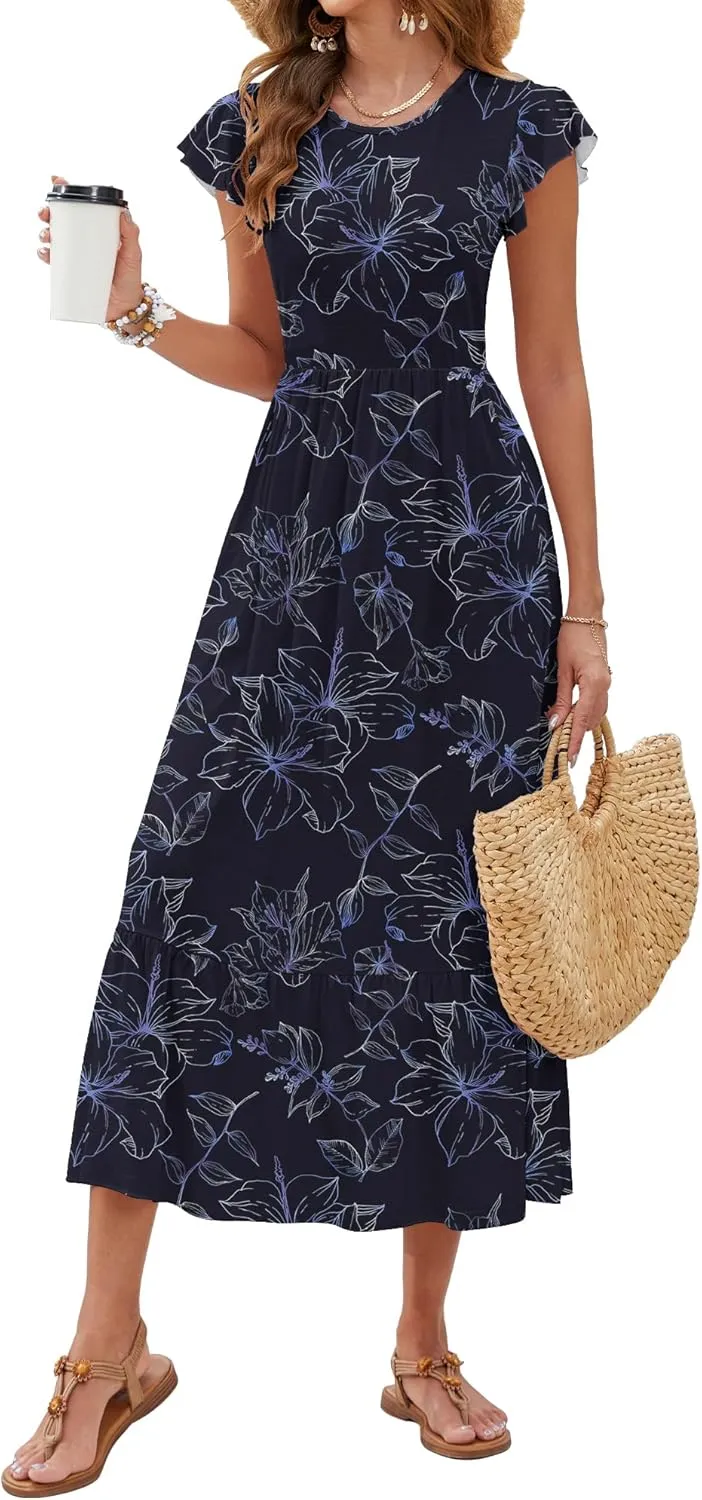 AUSELILY Womens Summer Maxi Dresses 2025 Casual Ruffle Sleeve Crewneck Loose Flowy Tiered Beach Sundress with Pockets