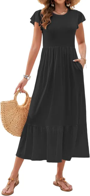 AUSELILY Womens Summer Maxi Dresses 2025 Casual Ruffle Sleeve Crewneck Loose Flowy Tiered Beach Sundress with Pockets