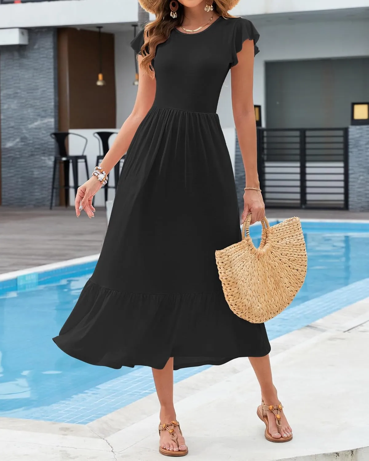 AUSELILY Womens Summer Maxi Dresses 2025 Casual Ruffle Sleeve Crewneck Loose Flowy Tiered Beach Sundress with Pockets