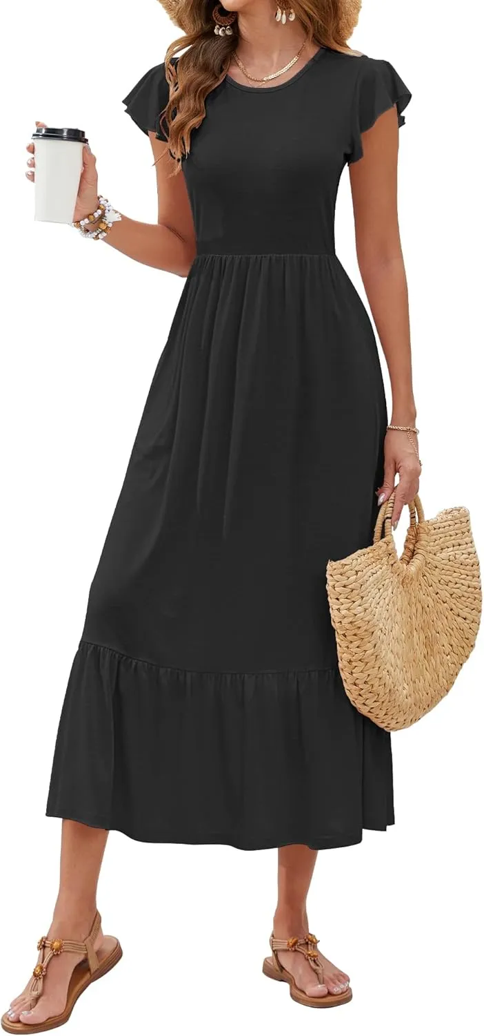 AUSELILY Womens Summer Maxi Dresses 2025 Casual Ruffle Sleeve Crewneck Loose Flowy Tiered Beach Sundress with Pockets