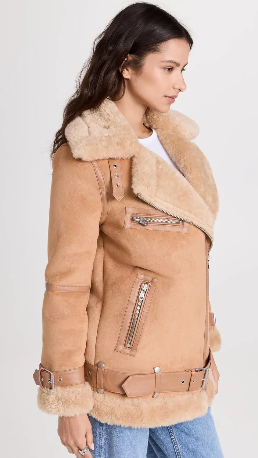 Avec Les Filles Women's Bonded Faux Shearling Biker Jacket