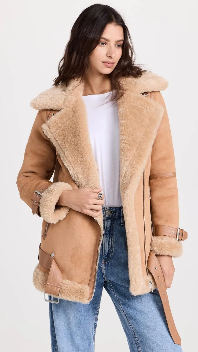 Avec Les Filles Women's Bonded Faux Shearling Biker Jacket