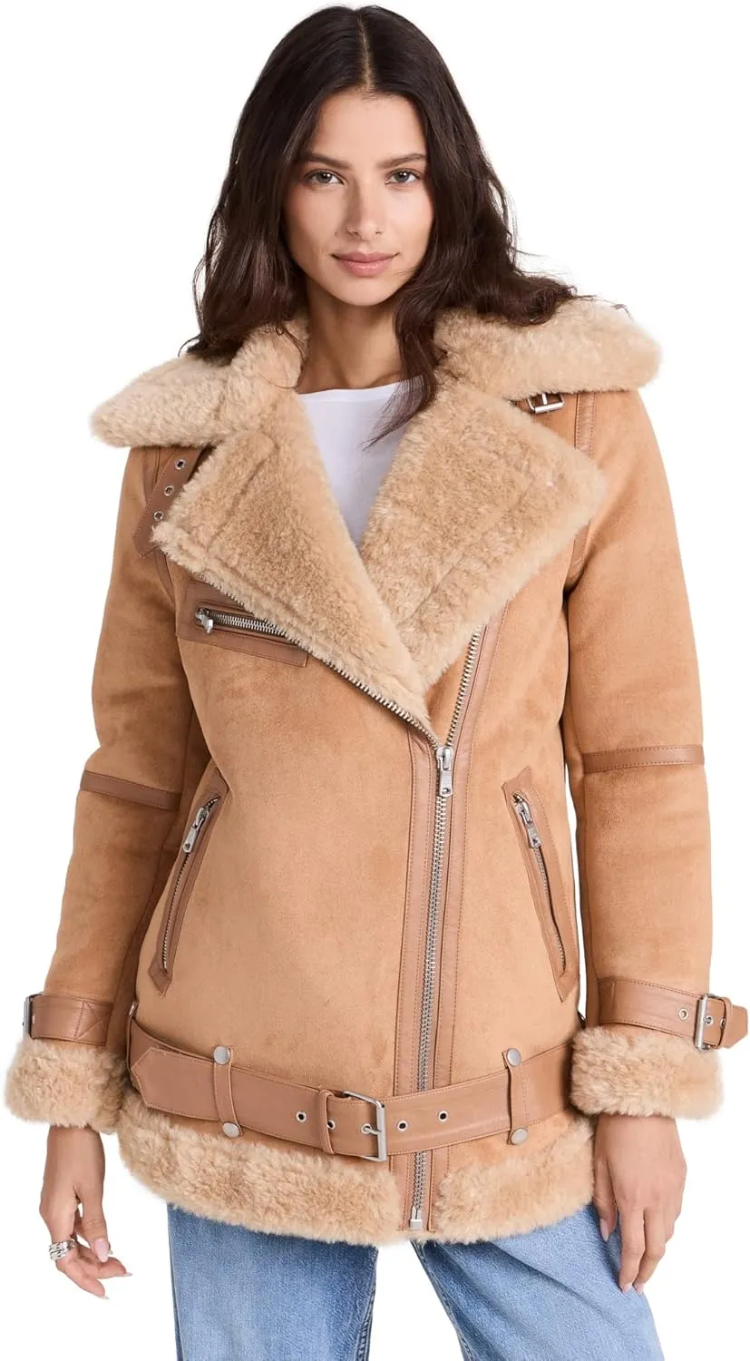 Avec Les Filles Women's Bonded Faux Shearling Biker Jacket