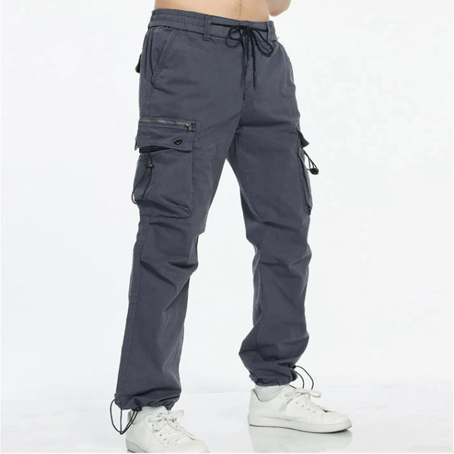 Aymnlox Mens Tapered Parachute Cargo Pants Solid Casual Slim Fit Cotton Sweatpants Elastic Waist Trouser with Flap Pockets