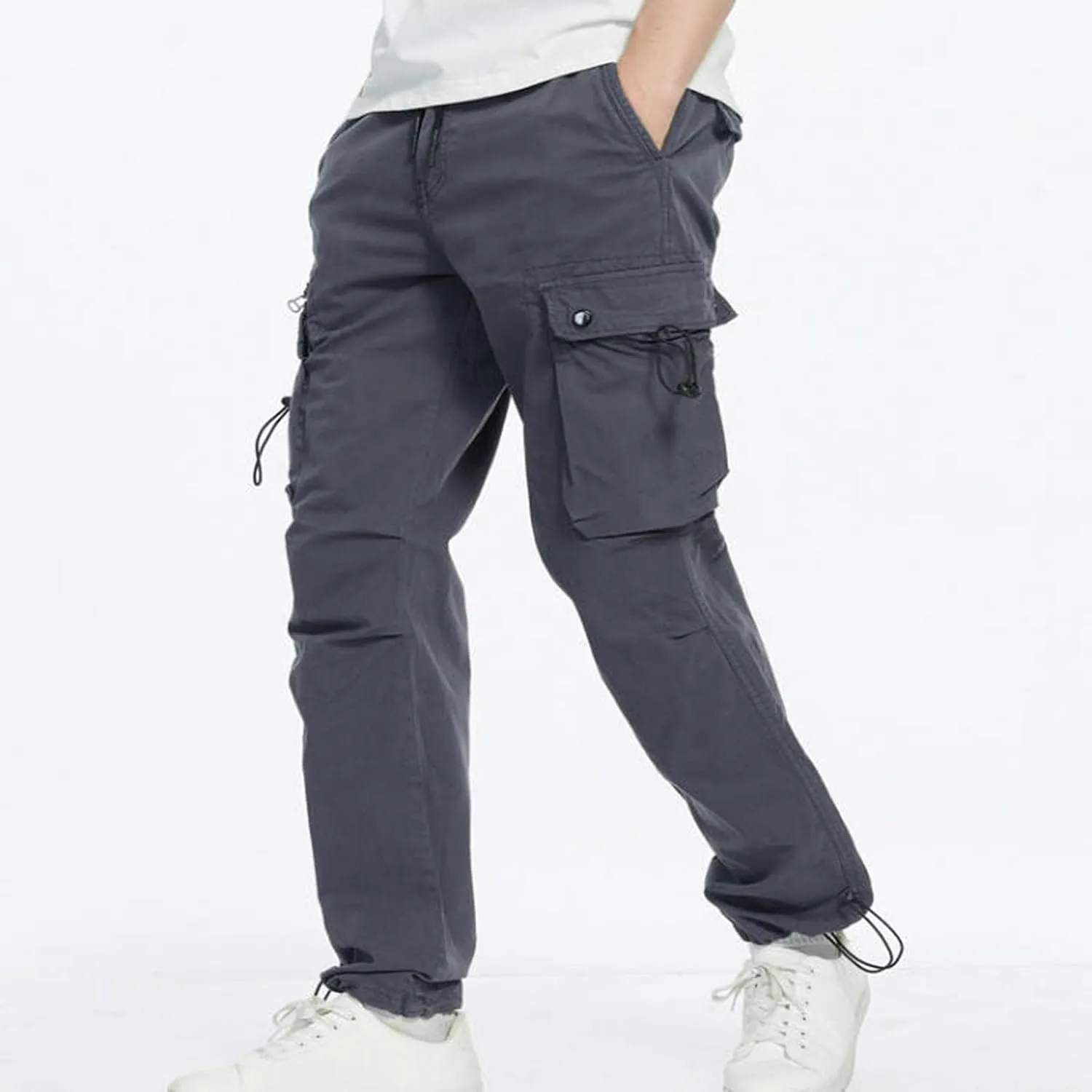 Aymnlox Mens Tapered Parachute Cargo Pants Solid Casual Slim Fit Cotton Sweatpants Elastic Waist Trouser with Flap Pockets