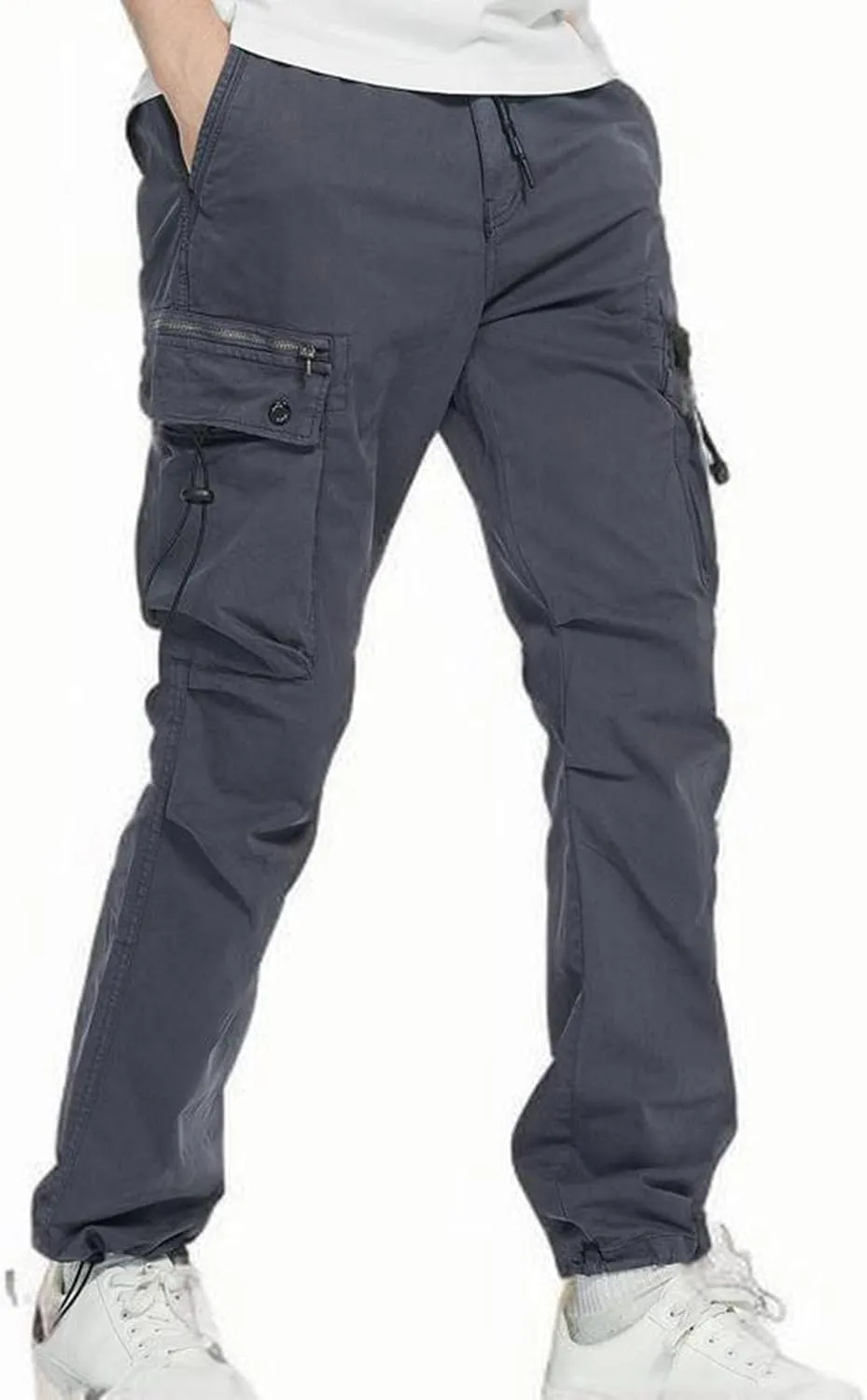 Aymnlox Mens Tapered Parachute Cargo Pants Solid Casual Slim Fit Cotton Sweatpants Elastic Waist Trouser with Flap Pockets