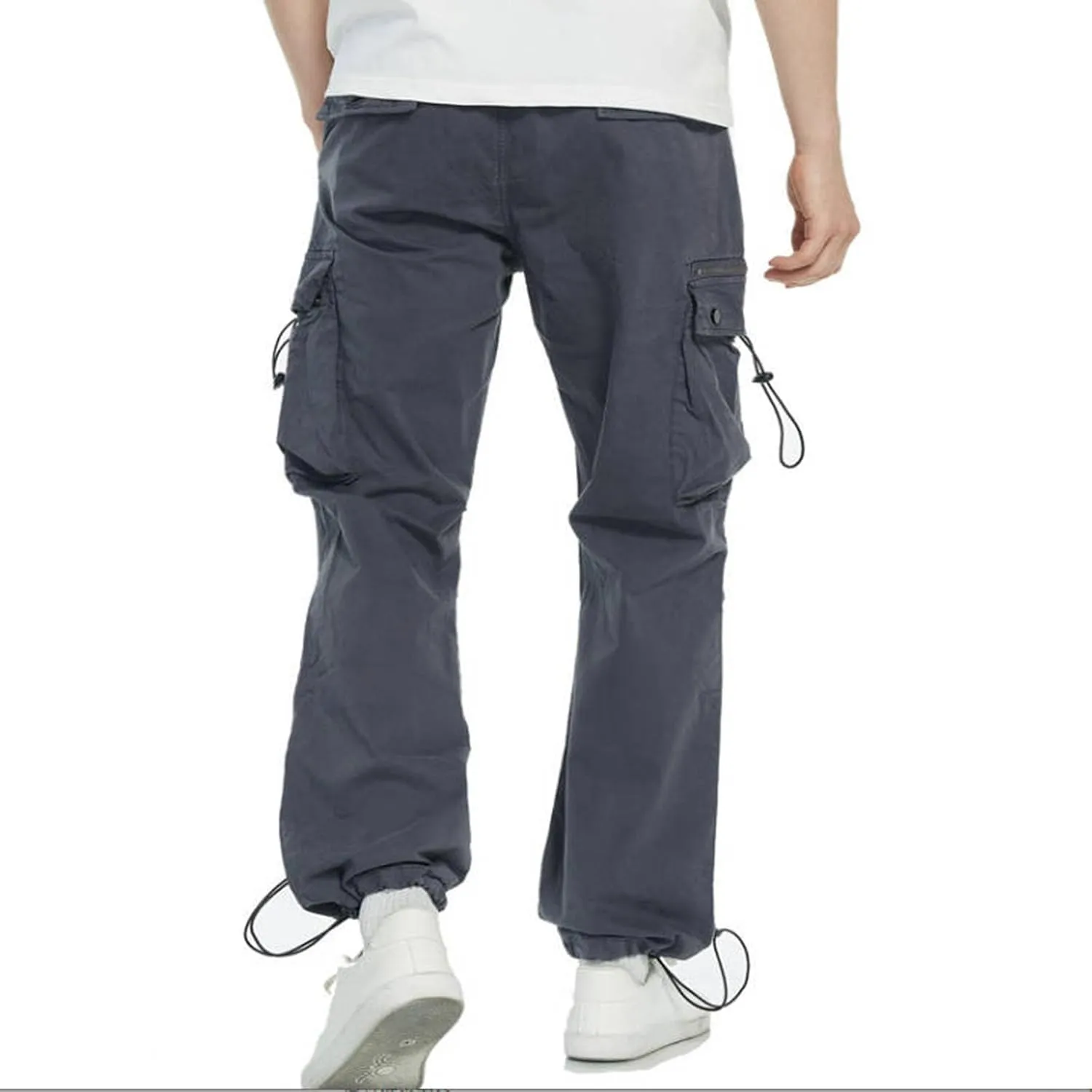 Aymnlox Mens Tapered Parachute Cargo Pants Solid Casual Slim Fit Cotton Sweatpants Elastic Waist Trouser with Flap Pockets