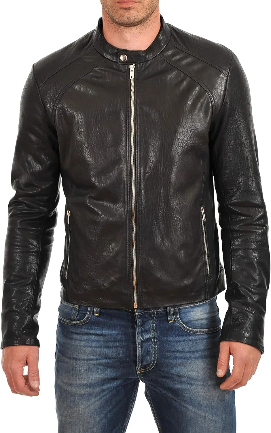Azrah 100% Leather Jacket for Men - Round Collar Slim Fit - Moto, Bomber, Biker Winter Wear