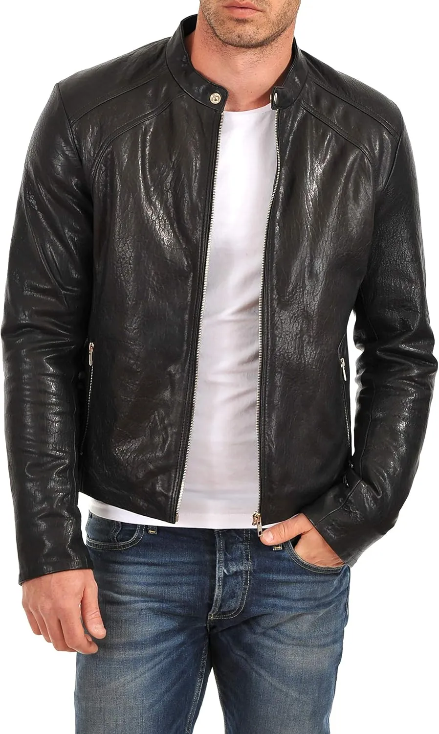 Azrah 100% Leather Jacket for Men - Round Collar Slim Fit - Moto, Bomber, Biker Winter Wear