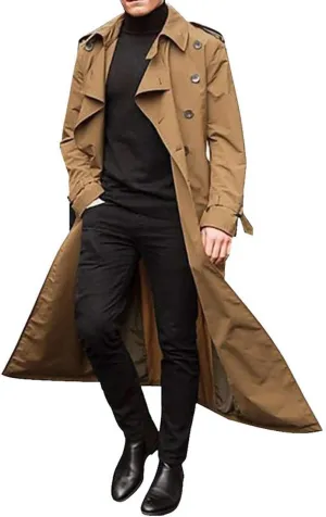 Banana Bucket Men's Trench Coat Windproof Button Overcoat Slim fit Long Lapel Double Breasted Belted Windbreaker Jacket