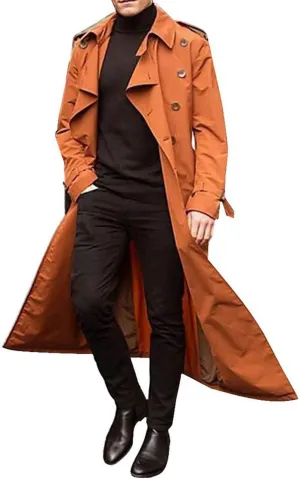 Banana Bucket Men's Trench Coat Windproof Button Overcoat Slim fit Long Lapel Double Breasted Belted Windbreaker Jacket