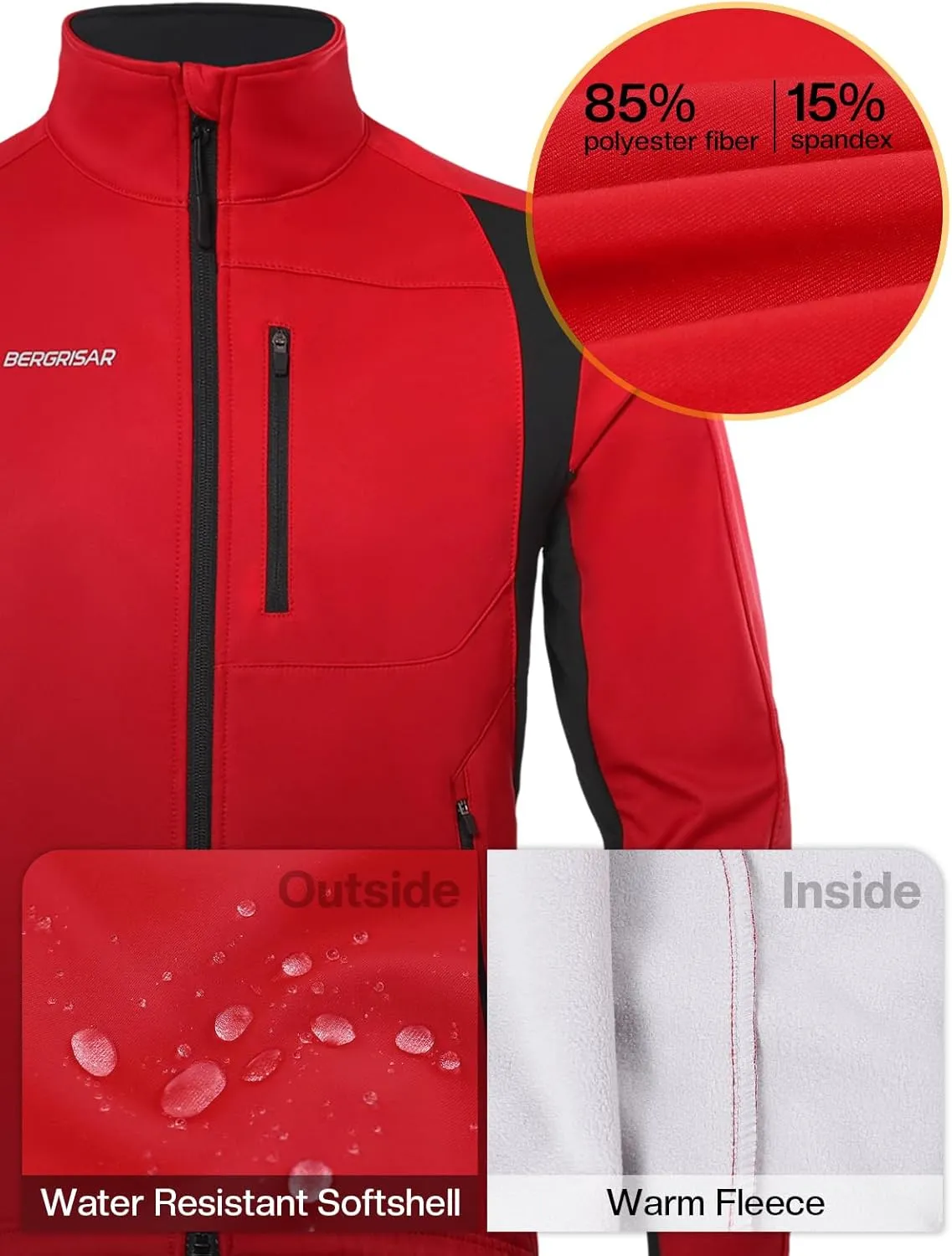 BERGRISAR Winter Cycling Jacket for Men with 6 Pockets Windproof Thermal Softshell Bike Jacket Running Windbreaker