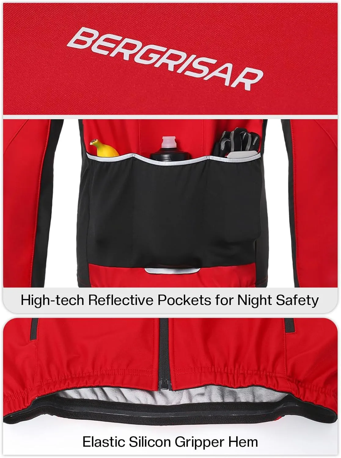 BERGRISAR Winter Cycling Jacket for Men with 6 Pockets Windproof Thermal Softshell Bike Jacket Running Windbreaker