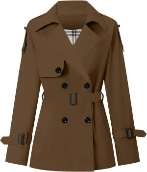 Betusline Women's Double Breasted Short Trench Coat with Belt