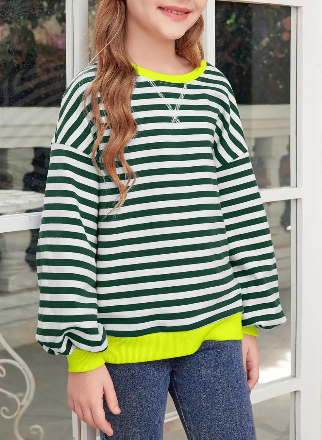 blibean Girls Cotton Long Sleeve Sweathirts Striped Color Block Tops Size 6-15 Years