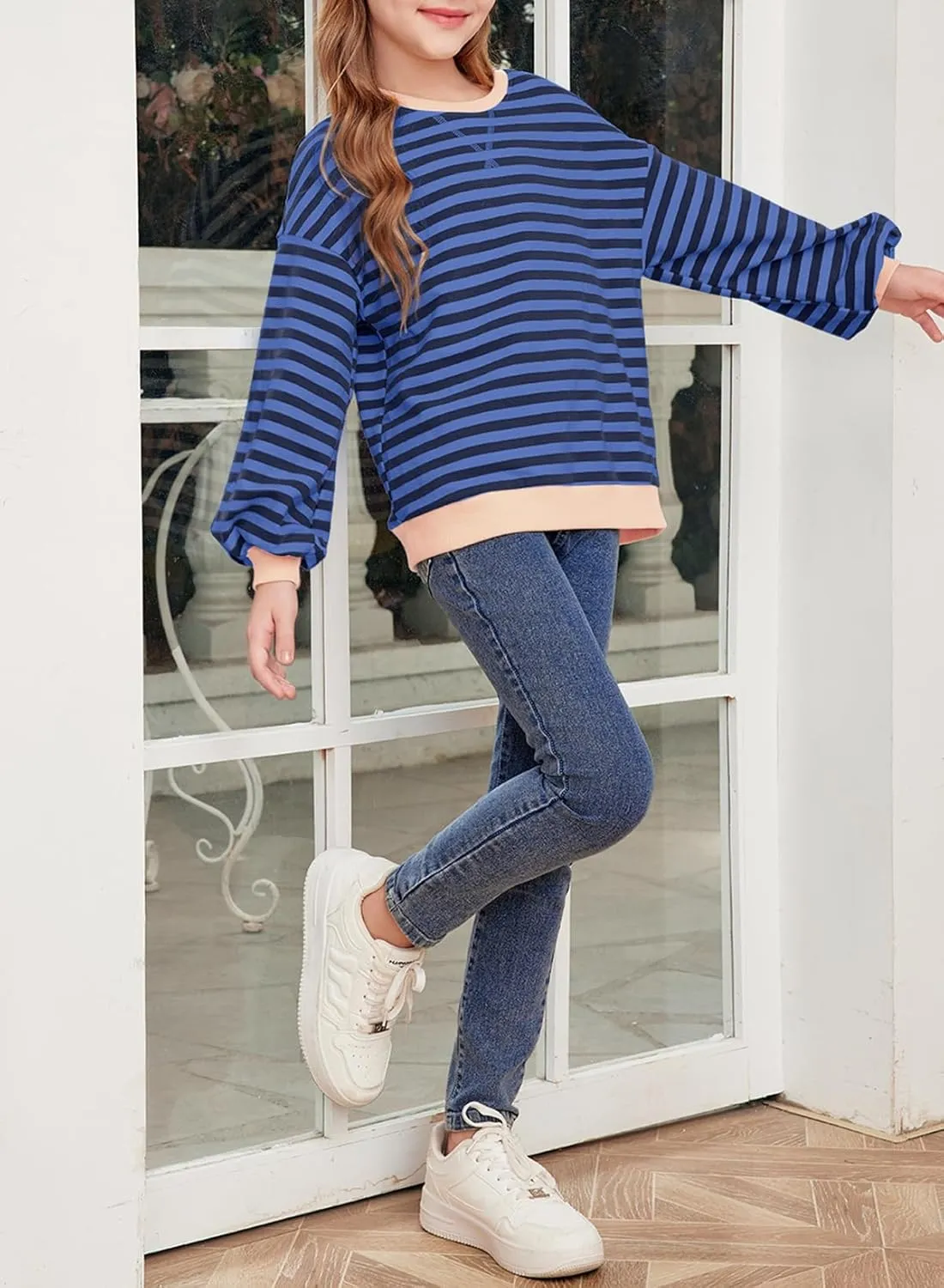 blibean Girls Cotton Long Sleeve Sweathirts Striped Color Block Tops Size 6-15 Years