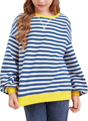 blibean Girls Cotton Long Sleeve Sweathirts Striped Color Block Tops Size 6-15 Years
