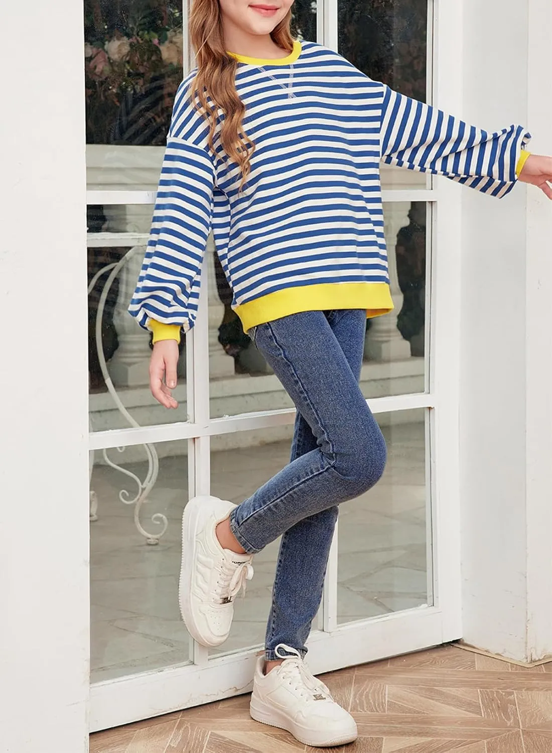blibean Girls Cotton Long Sleeve Sweathirts Striped Color Block Tops Size 6-15 Years